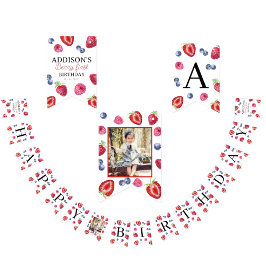 Zoete aardbeien bessen eerste 1e verjaardag foto vlaggetjes