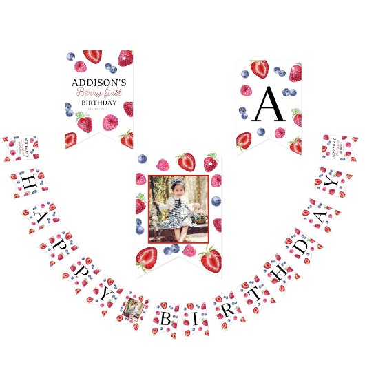 Zoete aardbeien bessen eerste 1e verjaardag foto vlaggetjes