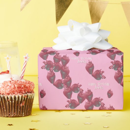 Zoete aardbeien gepersonaliseerd cadeaupapier (Verjaardagsfeest)