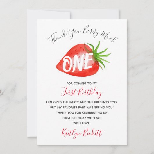 Zoete aardbeienbes Eerste 1e Verjaardag Bedankkaart (Voorkant)