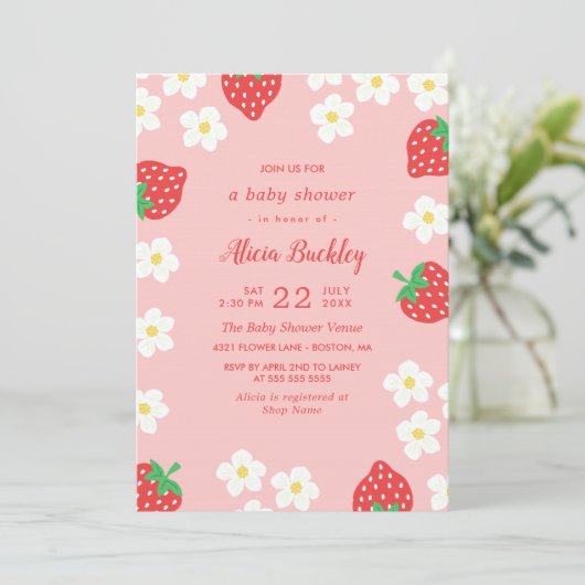 Zoete aardbeienbloemen - Baby shower Kaart (Staand voorkant)