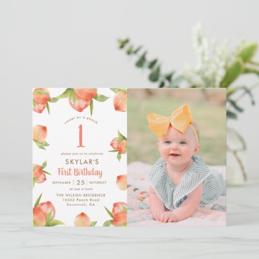 Zoete Als Een Perzik Meisje Eerste Verjaardag Foto Kaart (Staand voorkant)