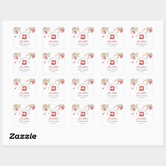 Zoete appel van onze oog baby shower vierkante sticker (Vel)