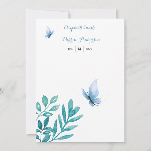 Zoete aquarel blauwe vlinder bloemige bruiloft kaart (Achterkant)
