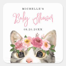 Zoete Aquarel Kitty Meisje Baby Shower Vierkante Sticker