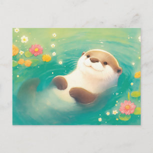 Zoete Aquarel Otter Bloemenvijver Briefkaart