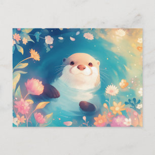 Zoete Aquarel Otter Bloemenvijver Briefkaart