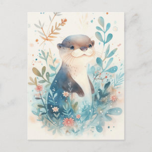 Zoete Aquarel Otter in Turquoise Tuin Briefkaart