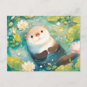 Zoete Aquarel Otter Vijver Lelie Briefkaart