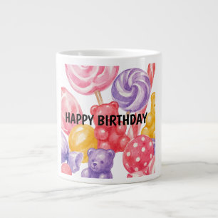 : Zoete Aquarel Snoep en Gummy Beer Verjaardagscad Grote Koffiekop