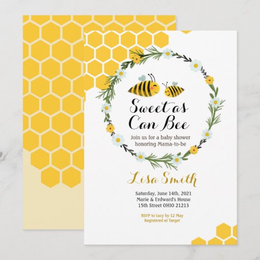 Zoete as Can Bee Baby shower Invitation Kaart (Voorkant / Achterkant)