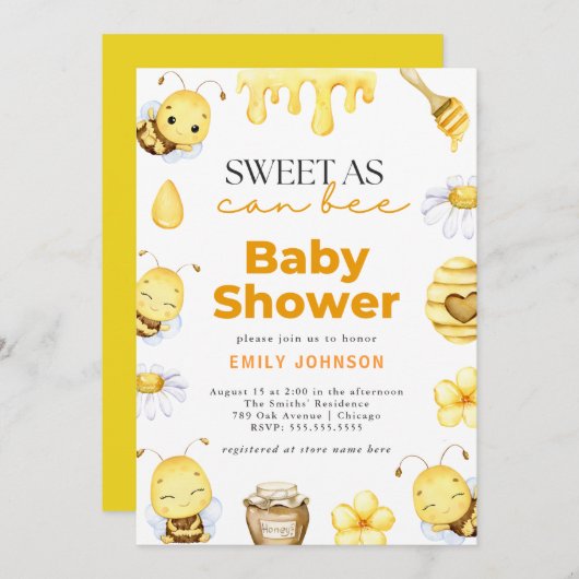 Zoete as Can Bee Baby shower Invitation Kaart (Voorkant / Achterkant)