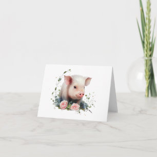 Zoete Baby Biggetje met Bloemen BLANK Kaart