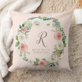 Zoete Baby Meisje | Monogram Naam Roze Bloemenkran Kussen (Deken)