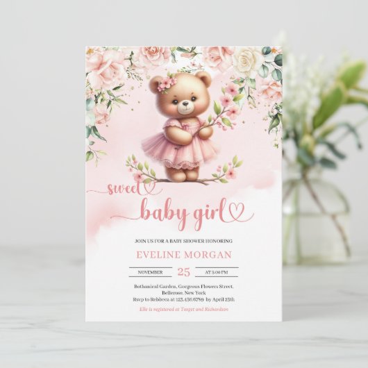 Zoete baby meisje teddy beer blush lente bloemen kaart (Staand voorkant)