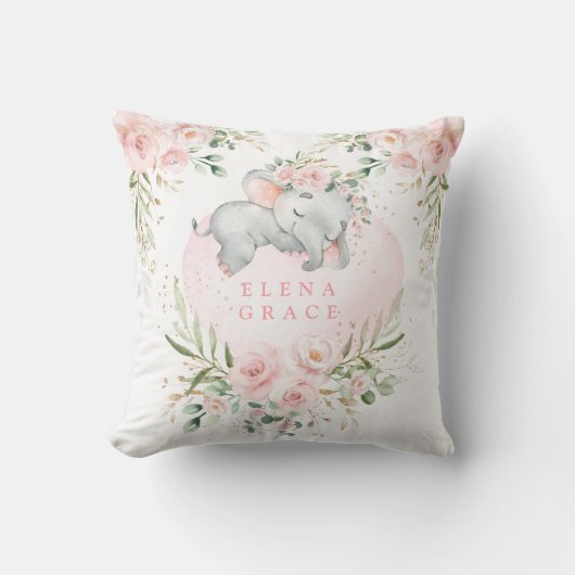 Zoete Baby Olifant Blush Roze Bloemen Groen Kussen (Voorkant)