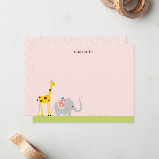 Zoete Baby-olifant, Giraffe- en vogelbriefkaart Notitiekaartje (Voorkant / Achterkant in situ)