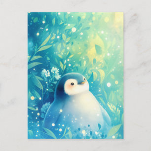 Zoete Baby Pinguïn in Turquoise Bloementuin Briefkaart