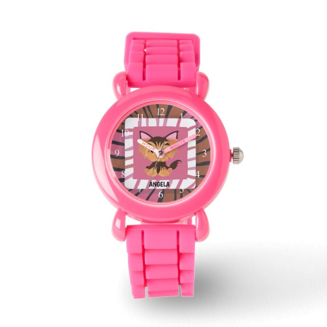 Zoete Baby Roze en Bruine Yorkie Horloge (Voorkant)
