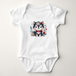 Zoete Baby Wolf met Bloemen Knuffig Dieren Kunst Romper