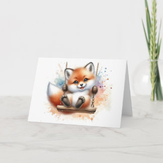 Zoete babyvos op een schommel watercolor blanco  kaart