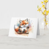 Zoete babyvos op een schommel waterverf blanco  kaart (Gele Bloem)