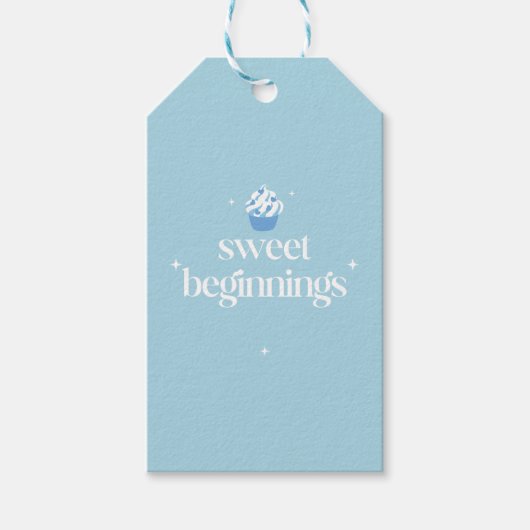Zoete Beginnen | Poederblauwe & Witte Baby Shower Cadeaulabel (Voorkant)