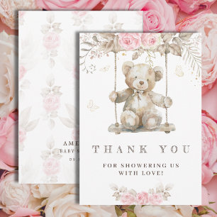 Zoete Beige Waterverf Teddybeer Roze Flora Bedankkaart