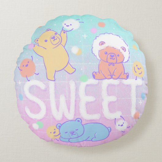 Zoete Beren met Fluffy Monsters Rond Kussen (Voorkant)