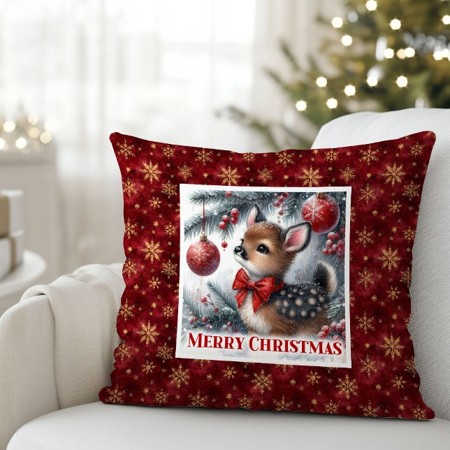 Zoete besneeuwde bos baby ree kerst kussen  (Sweet snowy forest baby fawn Christmas pillow (49))