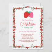 Zoete bessen aardbeien eerste verjaardag uitnodigi kaart (Voorkant)