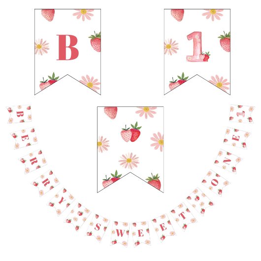 Zoete bessen Eerste Verjaardag Pastel Roze Rode Bl Vlaggetjes