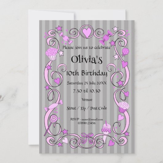 Zoete Birthday Pink & Grey Invitation Kaart (Voorkant)