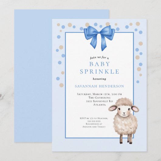 Zoete Blauwe Baby Sprinkle met Strik en Knuffel La Kaart (Voorkant / Achterkant)