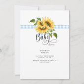 Zoete blauwe Gingham Zonnebloem Baby Shower Kaart (Voorkant)