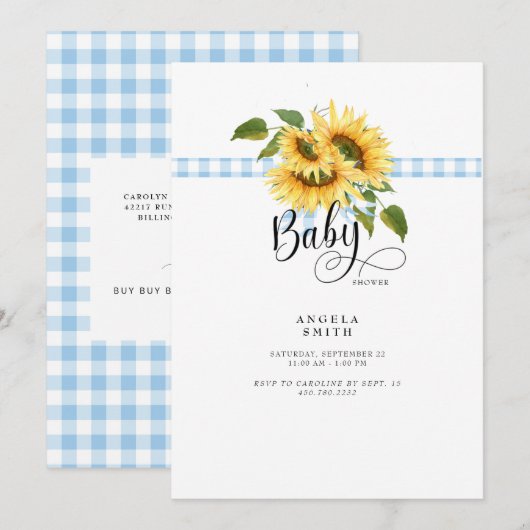 Zoete blauwe Gingham Zonnebloem Baby Shower Kaart (Voorkant / Achterkant)