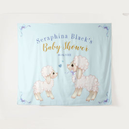 Zoete Blauwe Jongen Lammetje Baby Shower Achtergro Wandkleed