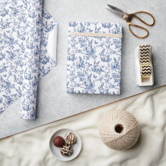 Zoete Blauwe Konijn Franse Toile Cadeaupapier (Crafts)