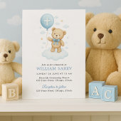 Zoete Blauwe Teddybeer Jongens Doop Uitnodiging