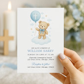 Zoete Blauwe Teddybeer Jongens Doop Uitnodiging