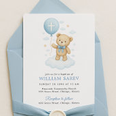 Zoete Blauwe Teddybeer Jongens Doop Uitnodiging