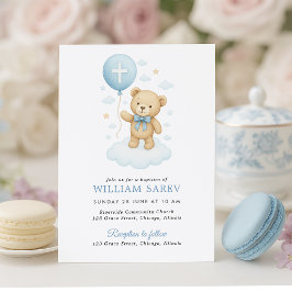 Zoete Blauwe Teddybeer Jongens Doop Uitnodiging