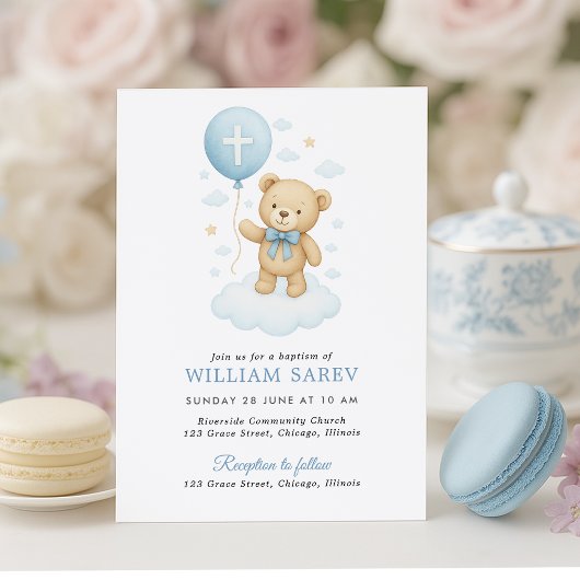 Zoete Blauwe Teddybeer Jongens Doop Uitnodiging