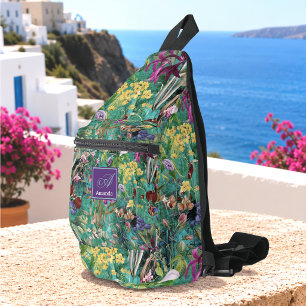 Zoete bloemen bladeren turquoise monogram afdruk sling bag