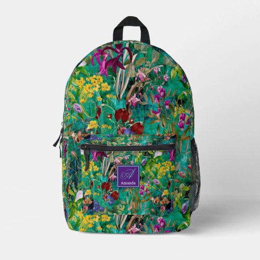 Zoete bloemen bladeren turquoise monogram bedrukte rugzak (Voorkant)