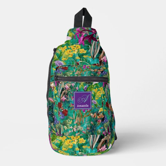 Zoete bloemen bladeren turquoise monogram gedrukt sling bag (Voorkant)