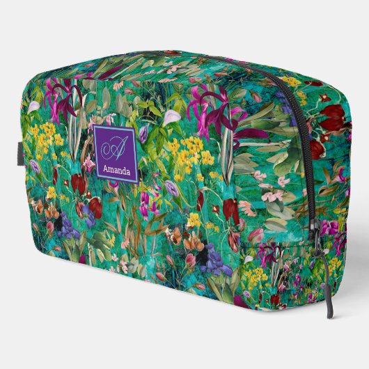 Zoete bloemen bladeren turquoise monogram patroon toilettasje (Rechterhoek)