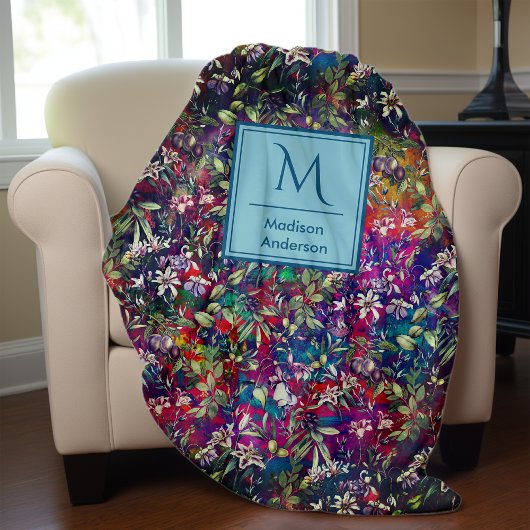 Zoete bloemen en bladeren rood zwart monogram bloe fleece deken