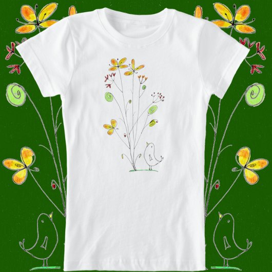 Zoete bloemen en vogel-Waterverf en inktontwerp T-shirt