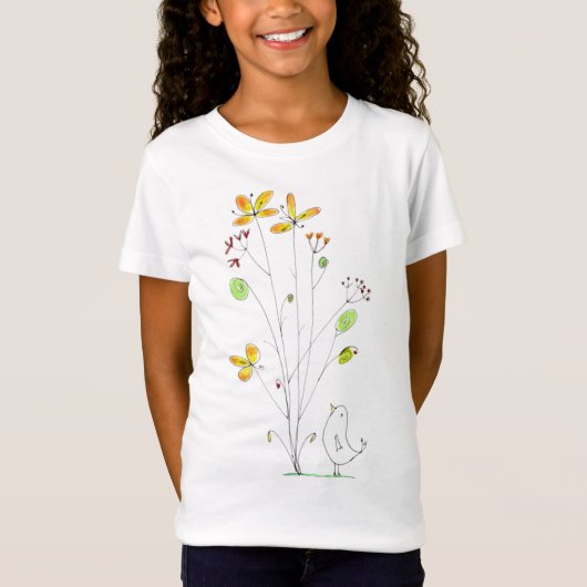 Zoete bloemen en vogel-Waterverf en inktontwerp T-shirt (Voorkant)